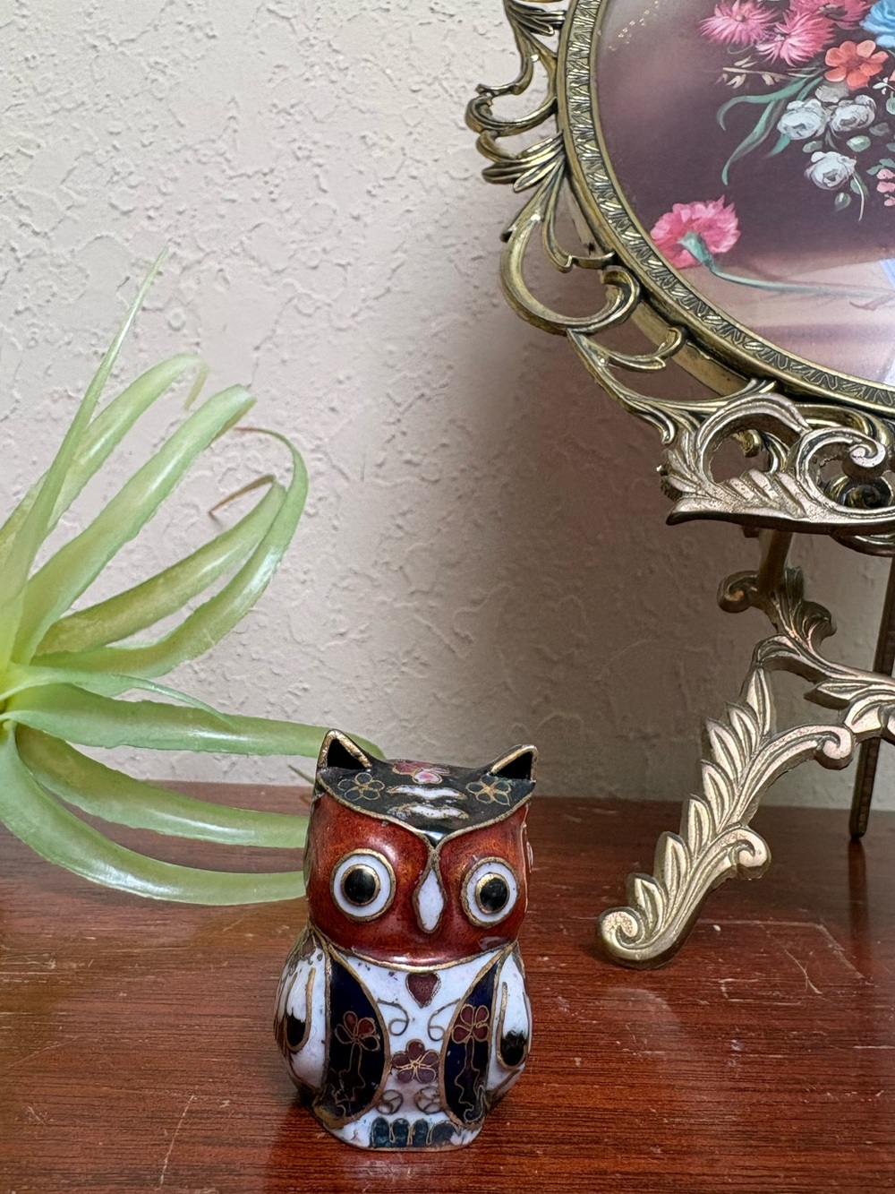 Vintage Cloisonne Enamel & Brass Owl